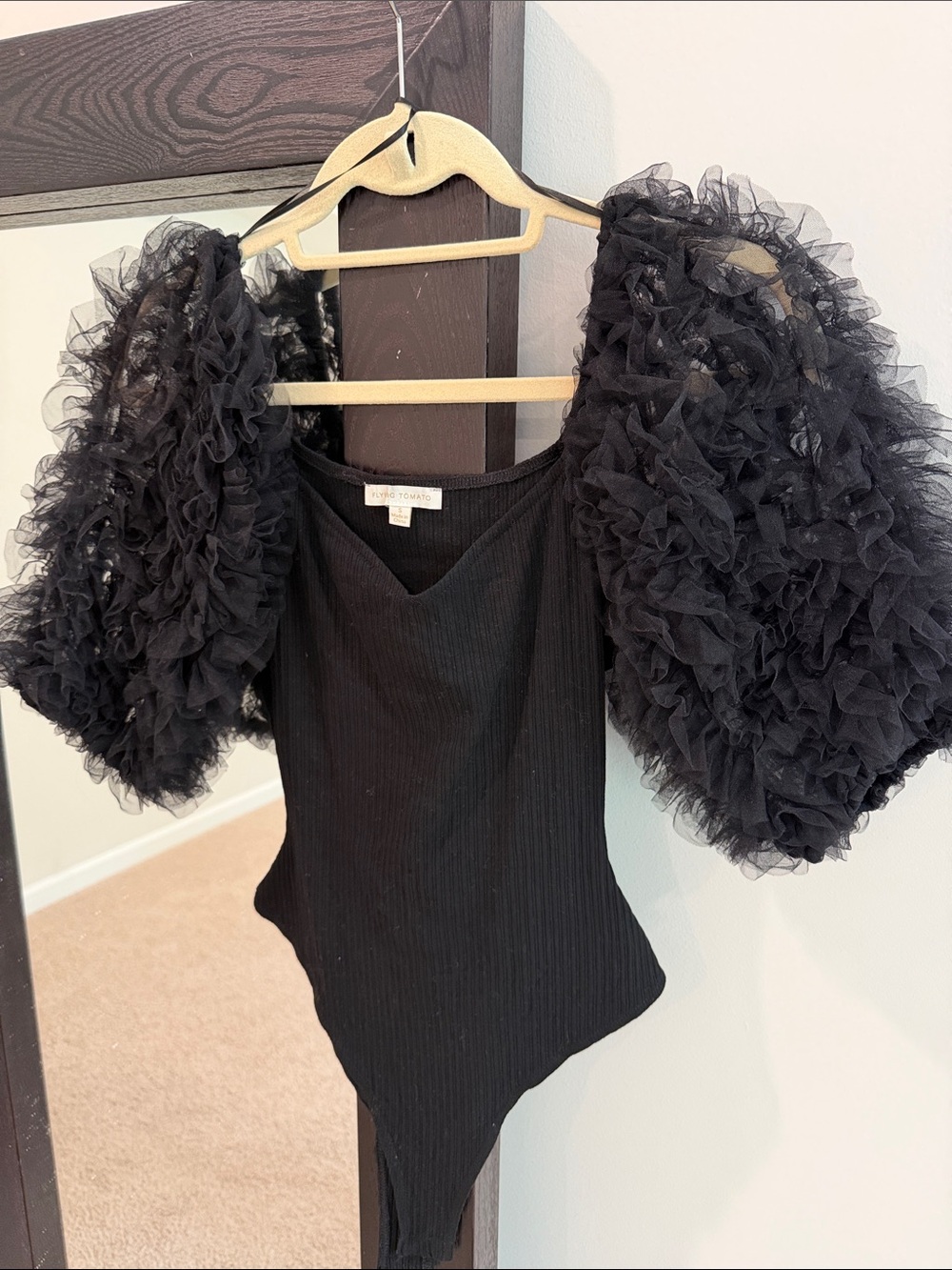 Flying Tomato Black Puff-Sleeve Ribbed Bodysuit